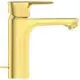 Pflegeleichter Wasserhahn in brushed gold von Ideal Standard, mit schmalem Auslauf und seitlichem Hebel zum Regulieren des Wasserflusses.